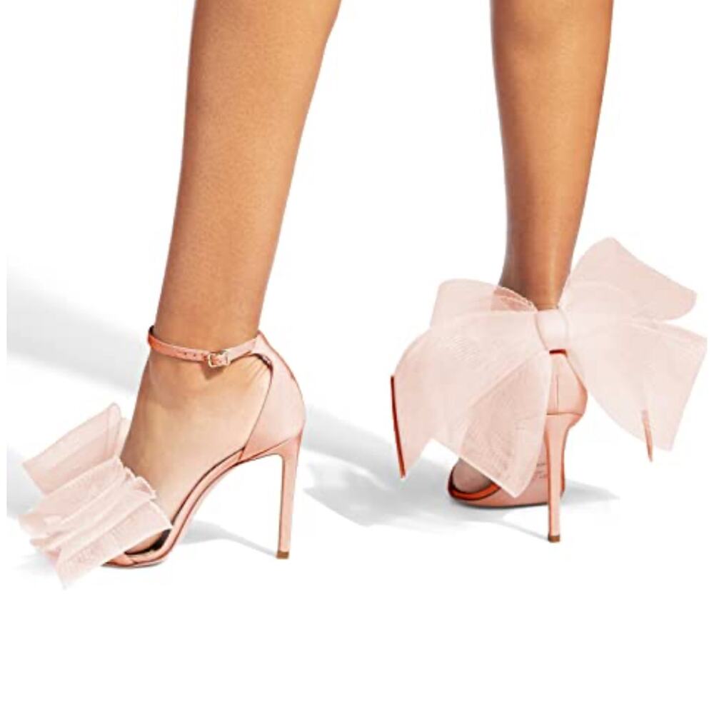 NWT Coutgo Light Satin Pink Mesh Bow Knot womens high heeled Strappy sandals 9M - Picture 2 of 10